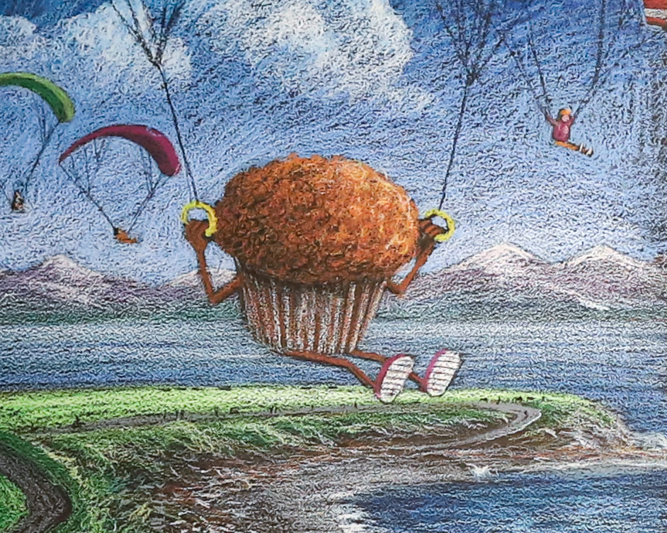 chalkboard drawing of a flying muffin