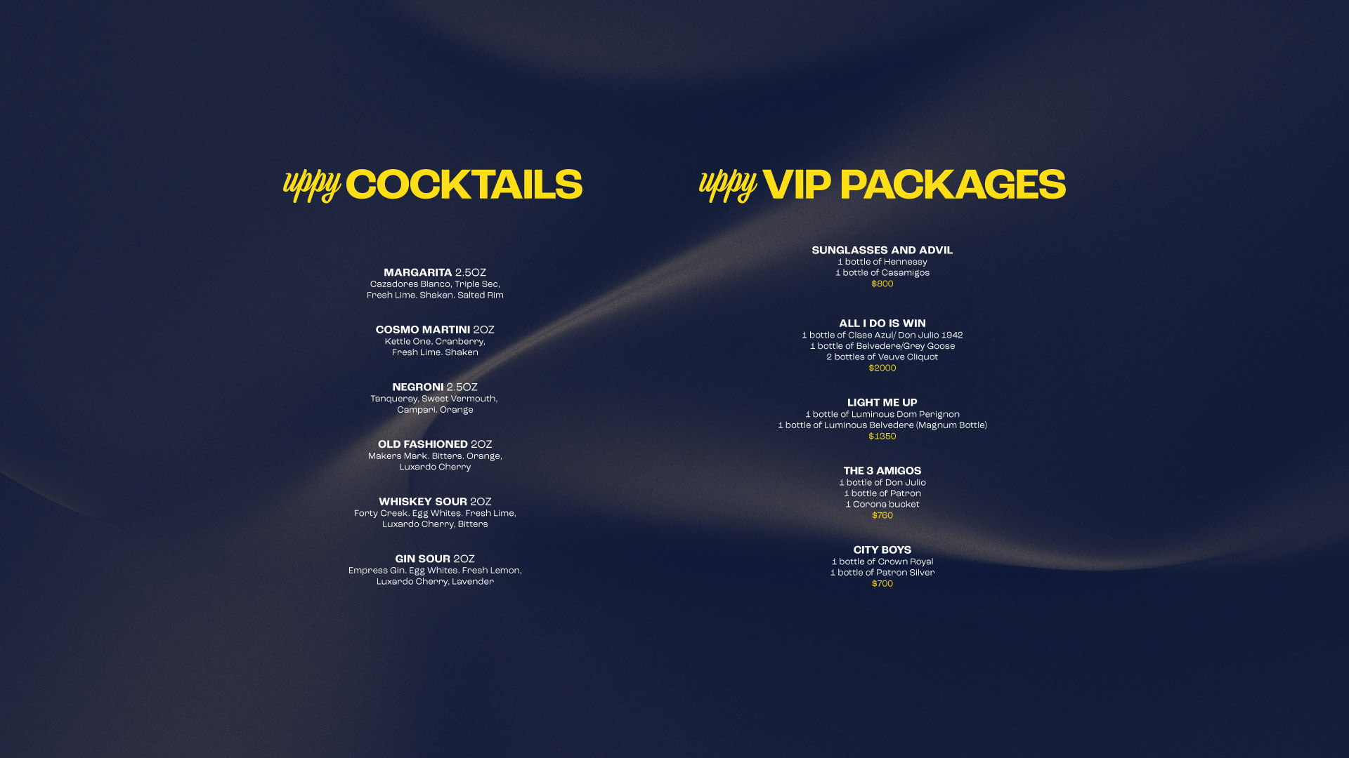 Menu featuring drinks and packages for local bar