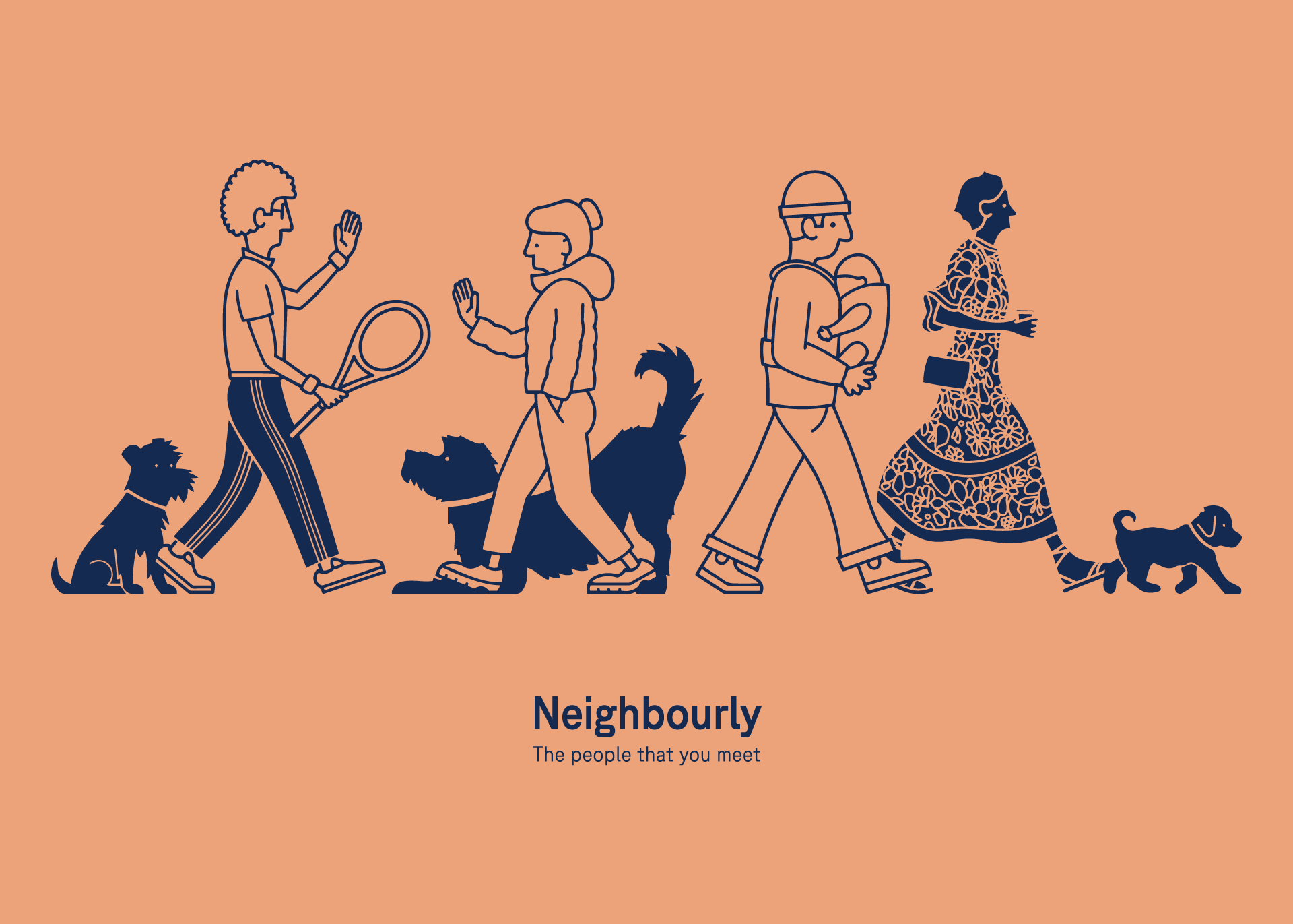 illustration of people and dogs walking on tan background